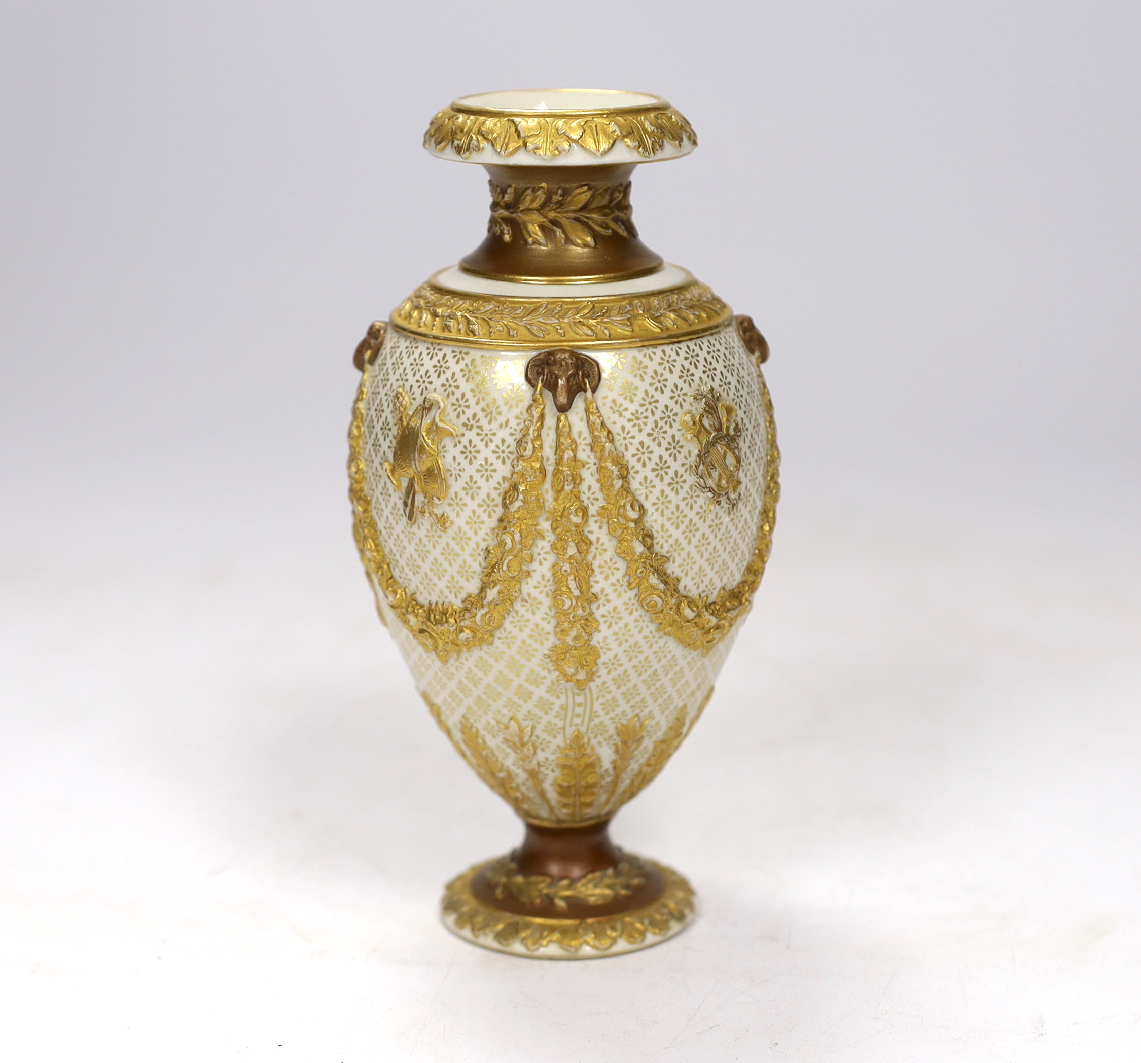 An early 20th century Wedgwood Adam style small gilt porcelain vase, 15cm